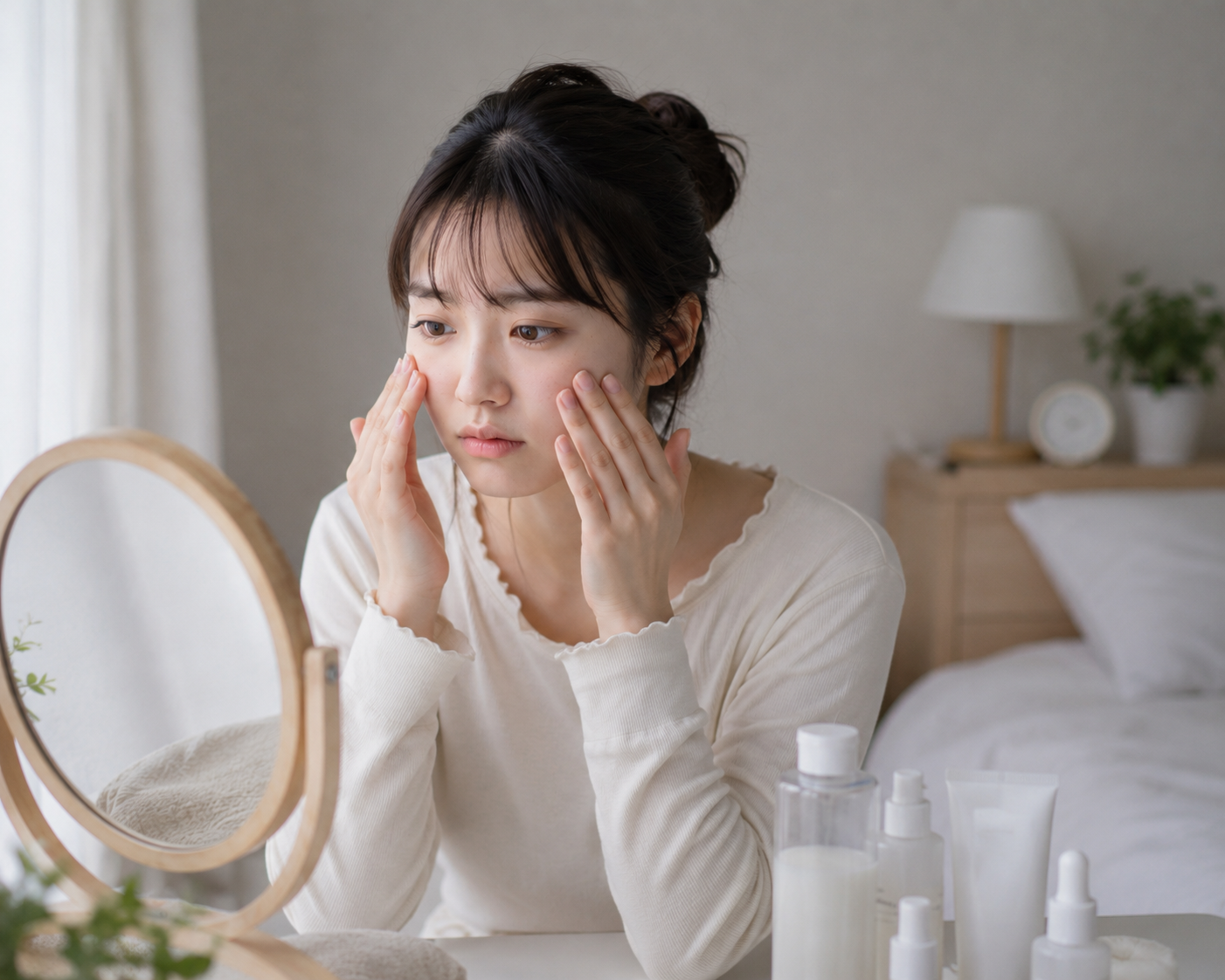 生理前の顔のむくみを鏡で確認する女性