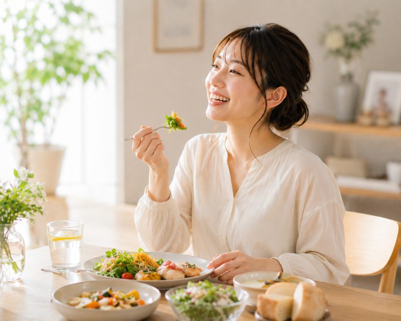 食事を楽しみながらダイエットを続ける女性