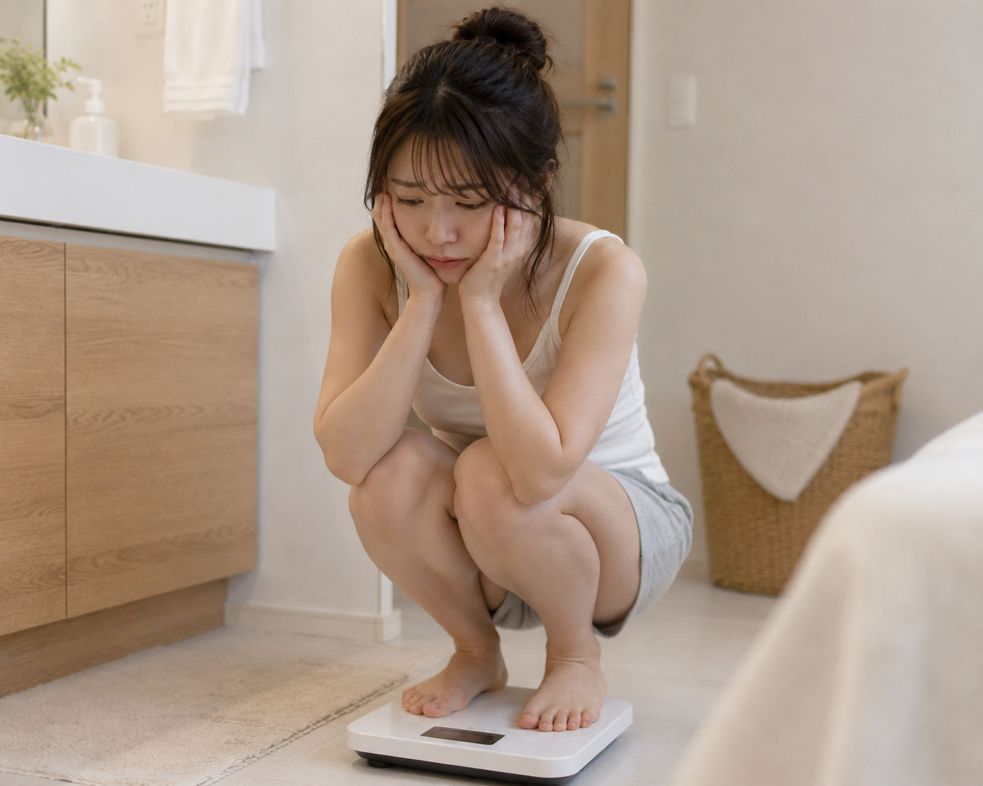 体重計を見て悩む女性