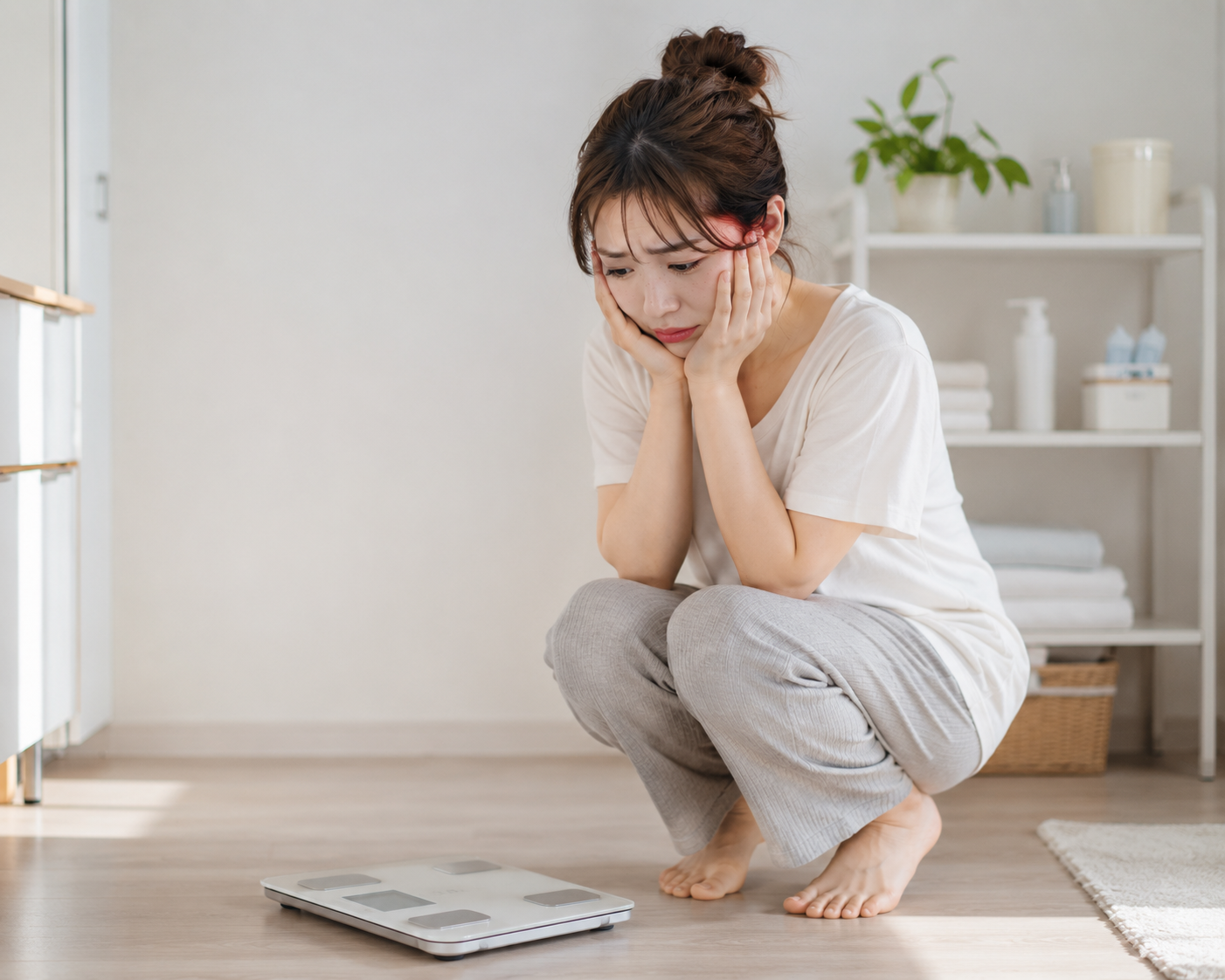リバウンドして体重計を見て悩む女性